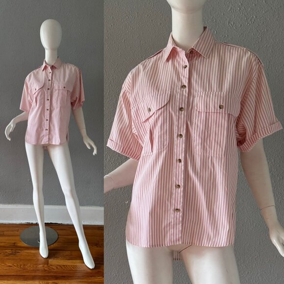 Vintage 80s Pink Striped Cotton Button Blouse Top S - Picture 1 of 12